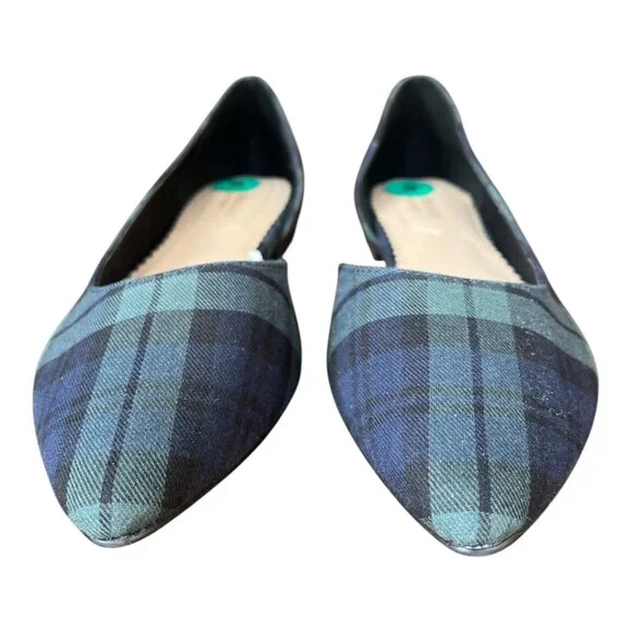 SIZE 8 ISAAC MIZRAHI GREEN/BLACK (BLACKWATCH) PLAID BALLET FLATS NWOT - Picture 2 of 7